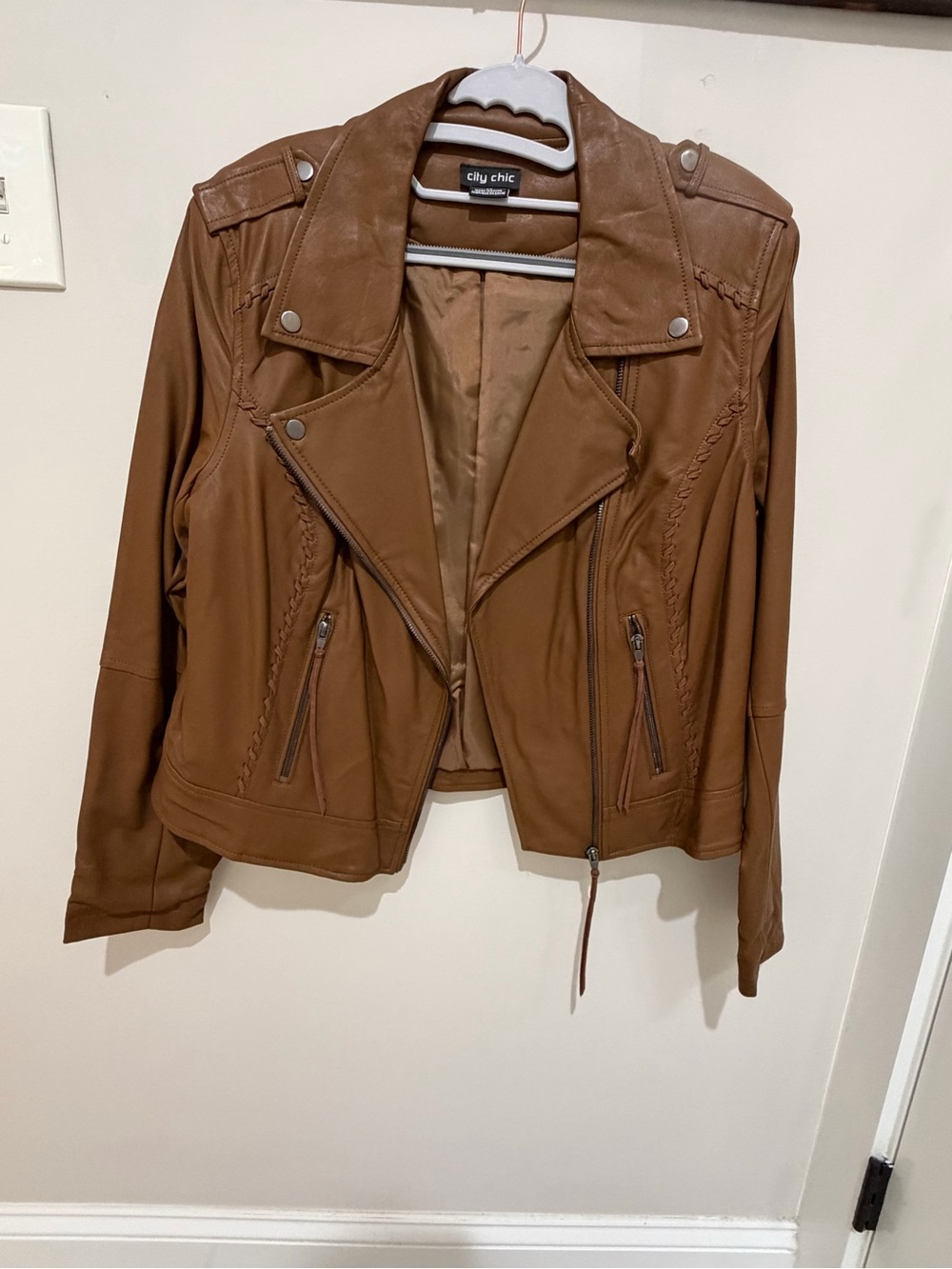 City Chic Womens Biker Whip Stitch Zipper Pocket Solid Tan Cropped Jacket Sz XS